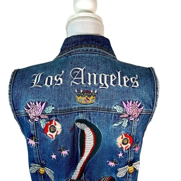 Pac Sun Los Angeles Lost Girls Embroidered Snake And Flowers Denim Vest - Picture 4 of 9